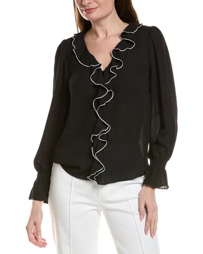 Cece Contrast Ruffle Trim Long Sleeve V-neck Top In Black