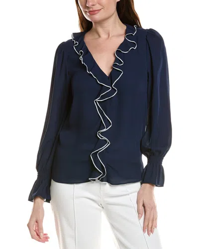 Cece Contrast Ruffle Trim Long Sleeve V-neck Top In Blue