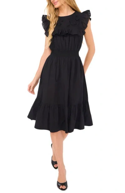 Cece Ruffle Yoke Embroidered Midi Dress In Rich Black | ModeSens
