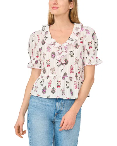 Cece Ruffled Cotton V Neck Top In Neutral