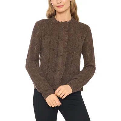 Cece Ruffled Pointelle Cardigan In Brown