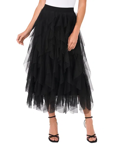 Cece Ruffled Tulle Midi Skirt In Rich Black