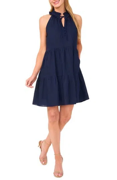 CECE CECE RUFFLED V-NECK LINEN BLEND DRESS