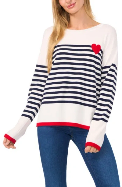 Cece Sailor Stripe Heart Sweater In White