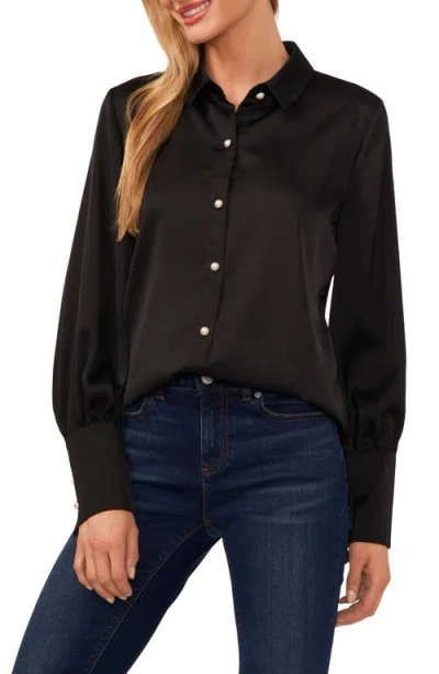 Cece Satin Faux Pearl Button Blouse In Black