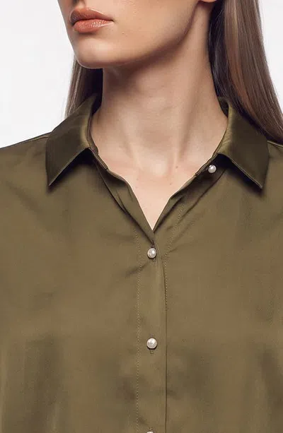 Cece Satin Button-up Shirt In Dark Olive