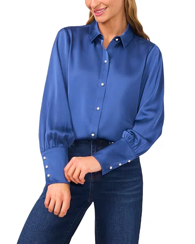Cece Satin Faux Pearl Button Blouse In Blue
