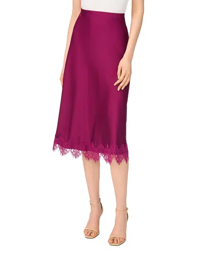Cece Satin Lace Trim Midi Skirt In Purple