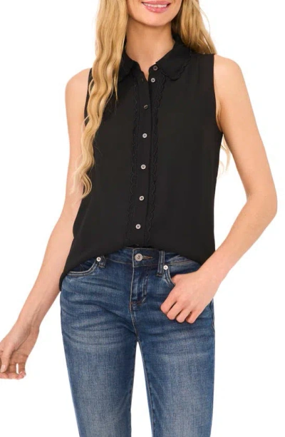Cece Scallop Detail Sleeveless Button-up Shirt In Rich Black