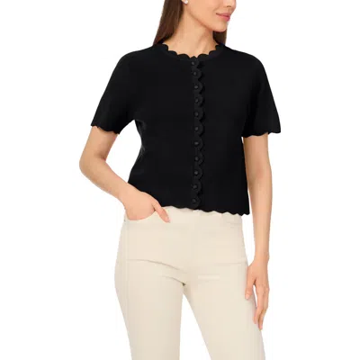 Cece Scallop Edge Short Sleeve Cardigan In Black