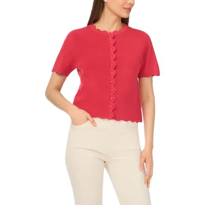 Cece Scallop Edge Short Sleeve Cardigan In Claret