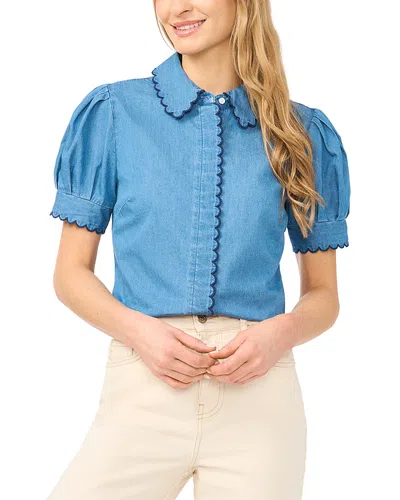 Cece Scallop Trim Button Up Top In Blue