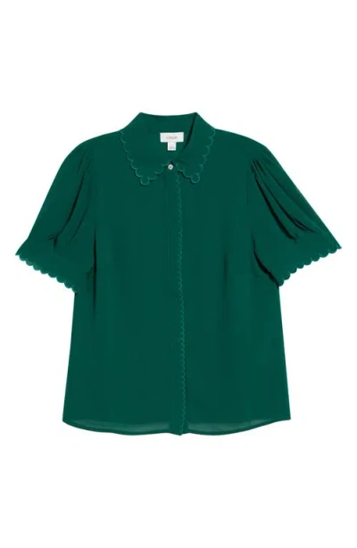 Cece Scallop Trim Button-up Shirt In Green