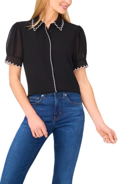 Cece Scallop Trim Puff Sleeve Button-up Shirt In Blue