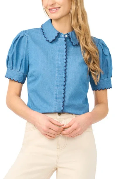 Cece Scallop Trim Puff Sleeve Denim Placket Button-up Shirt In Blue