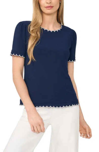 Cece Scallop Trim Puff Sleeve Knit Top In Blue
