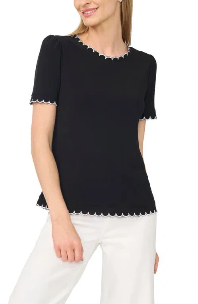 Cece Scallop Trim Puff Sleeve Knit Top In Rich Black