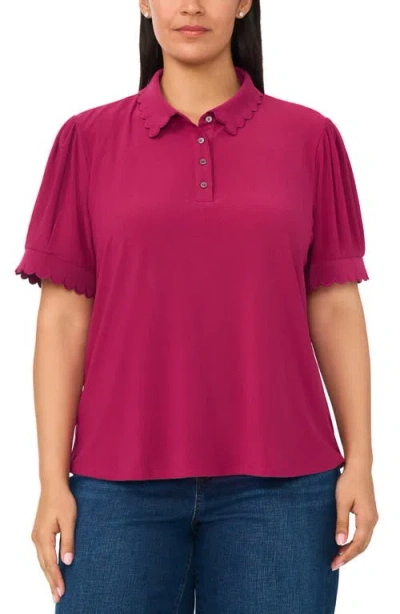 Cece Scallop Trim Puff Sleeve Polo In Pink