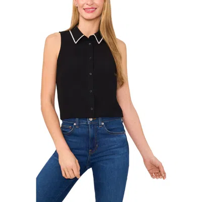 Cece Scallop Trim Sleeveless Button-up Shirt In Black