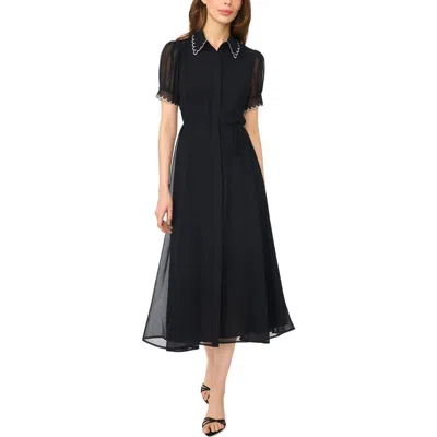 Cece Scalloped Contrast Stitch Shirtdress In Black