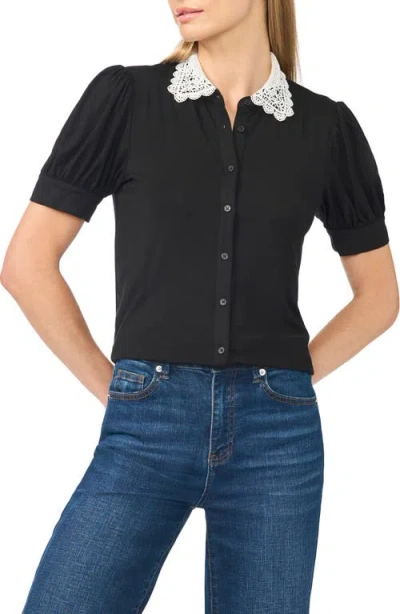 Cece Scalloped Lace Collar Short Sleeve Shirt In Black
