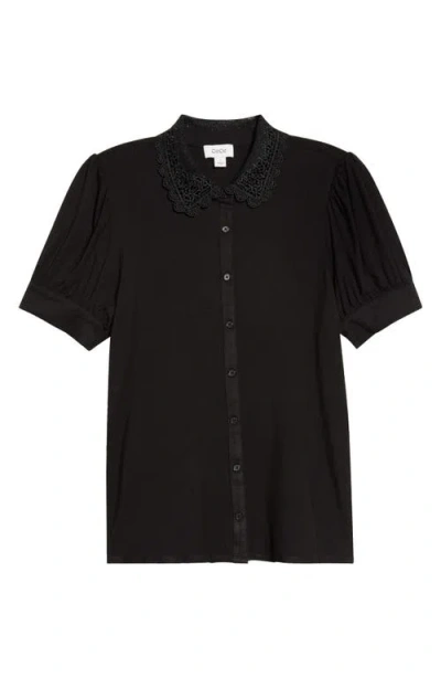 Cece Scalloped Lace Collar Short Sleeve Shirt In Black