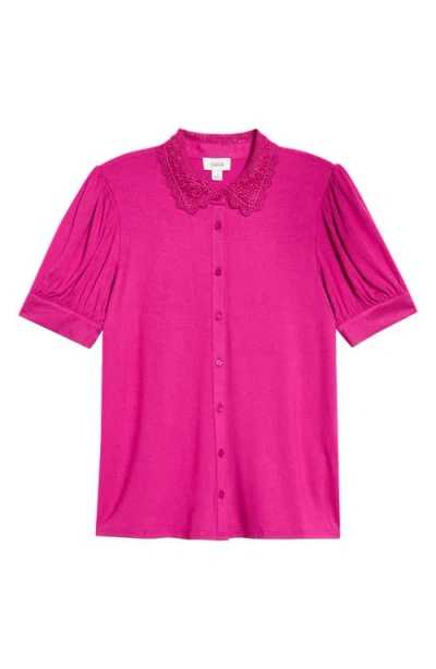 Cece Scalloped Lace Collar Short Sleeve Shirt In Pink