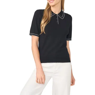 Cece Scalloped Trim Short Sleeve Polo Sweater In Blue