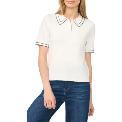 Cece Scalloped Trim Short Sleeve Polo Sweater In White