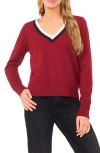 Cece Scalloped Trim V-neck Sweater In Burgundy