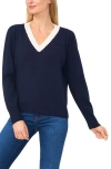 Cece Scalloped Trim V-neck Sweater In Blue