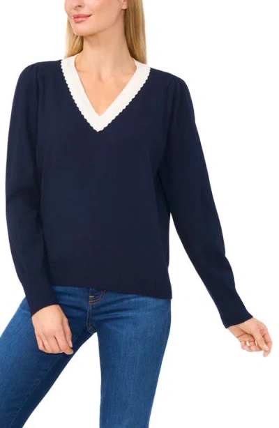Cece Scalloped Trim V-neck Sweater In Blue