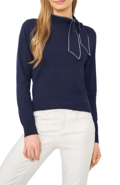 Cece Embroidered Tie Neck Sweater In Blue