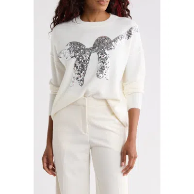 Cece Sequin Bow Sweater In Antique White/ Silver