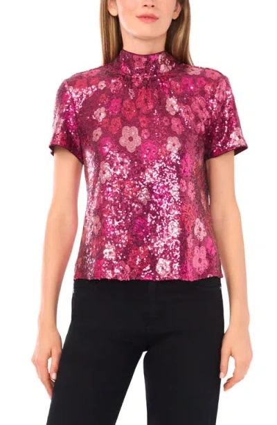 CECE CECE SEQUIN FLOWER MOCK NECK TOP