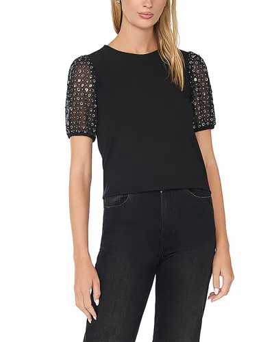 Cece Sequin Mixed Media Top In Blue