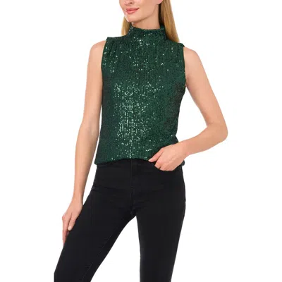Cece Sequin Mock Neck Top In Alpine Green