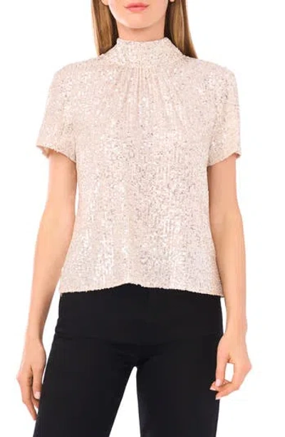 Cece Sequin Mock Neck Top In Neutral
