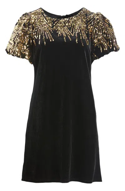Cece Sequin Puff Sleeve Shift Minidress In Rich Black