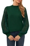 Cece Sequin Sleeve Mock Neck Sweater In Alpine Green