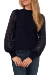 Cece Sequin Sleeve Mock Neck Sweater In Classic Navy