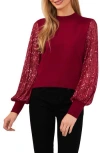 Cece Women's Sheer-sequin-sleeve Mock-neck Cotton Sweater In Deep Merlot
