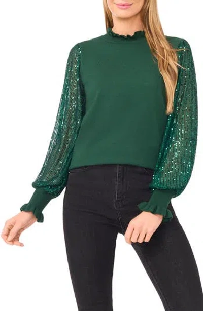 Cece Sequin Sleeve Mock Neck Sweater In Green