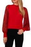 Cece Women's Sheer-sequin-sleeve Mock-neck Cotton Sweater In Luminous Red