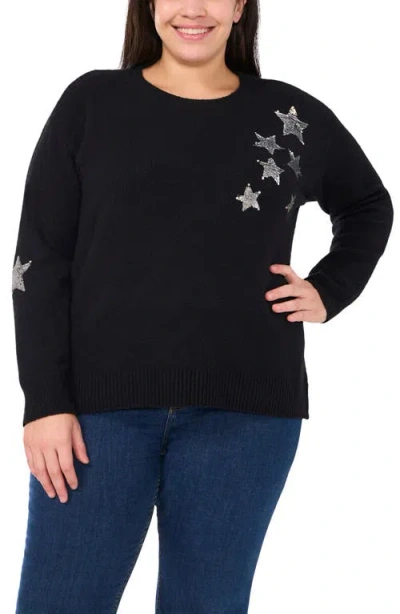Cece Sequin Star Cotton Blend Sweater In Rich Black