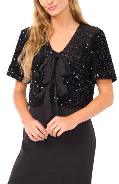 Cece Sequin Tie Front Velvet Top In Black