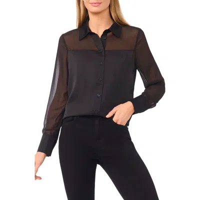Cece Sheer Detail Button-up Shirt In Black