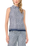 Cece Shell Print Stretch Cotton Button-up Top In Blue