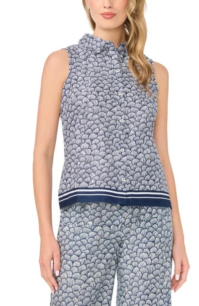 Cece Shell Print Stretch Cotton Button-up Top In Blue