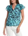 Cece Shirred Neck Flutter Sleeve Blouse In Multi